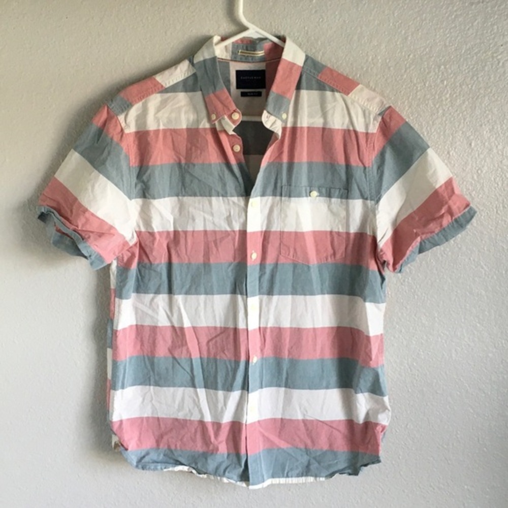 Casual Striped Short-Sleeve Button-Down Shirt — Pink, Blue/Grey  & White